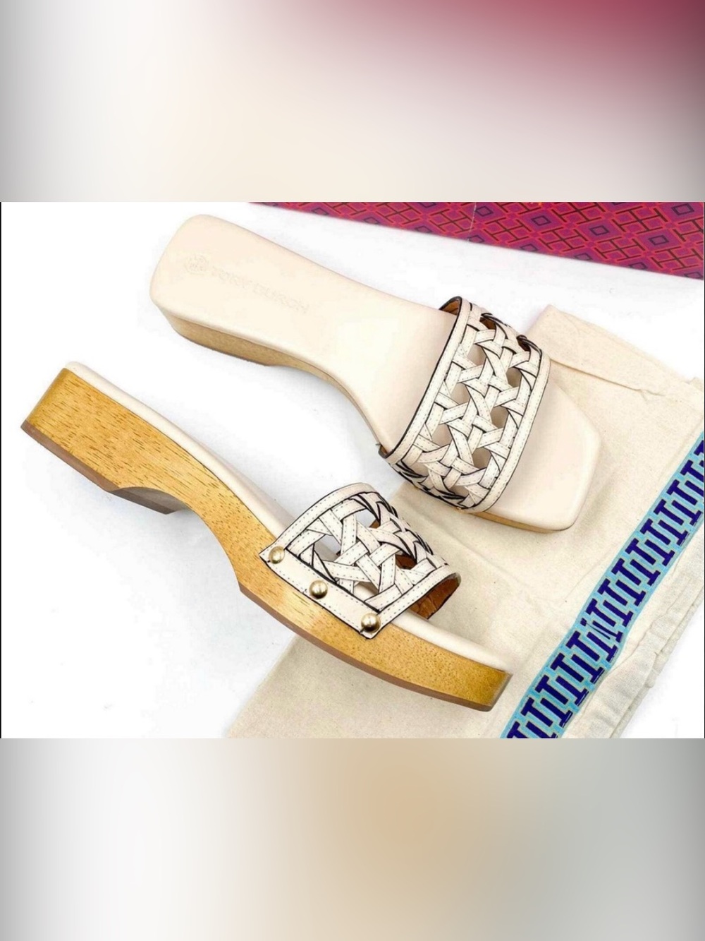 Tory Burch $298 Retail Basketweave Leather  Sandals New Cream US 9M GUC